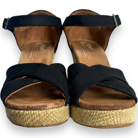 TOMS Black Canvas Open Toe Ankle Strap Wedge Heel Espadrille Sandals Size 8.5 - Picture 4 of 9